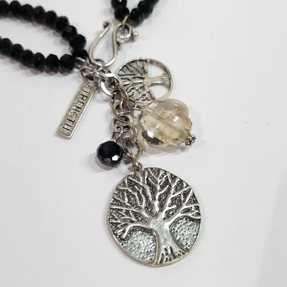New Tree Of Life Strength Charms Black Beaded Necklace Front Hook Clasp - Picture 4 of 4